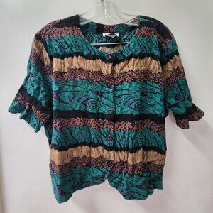Vintage 90s Animal Print Shirt Size M L Button Down Cropped Blouse Tribal Top